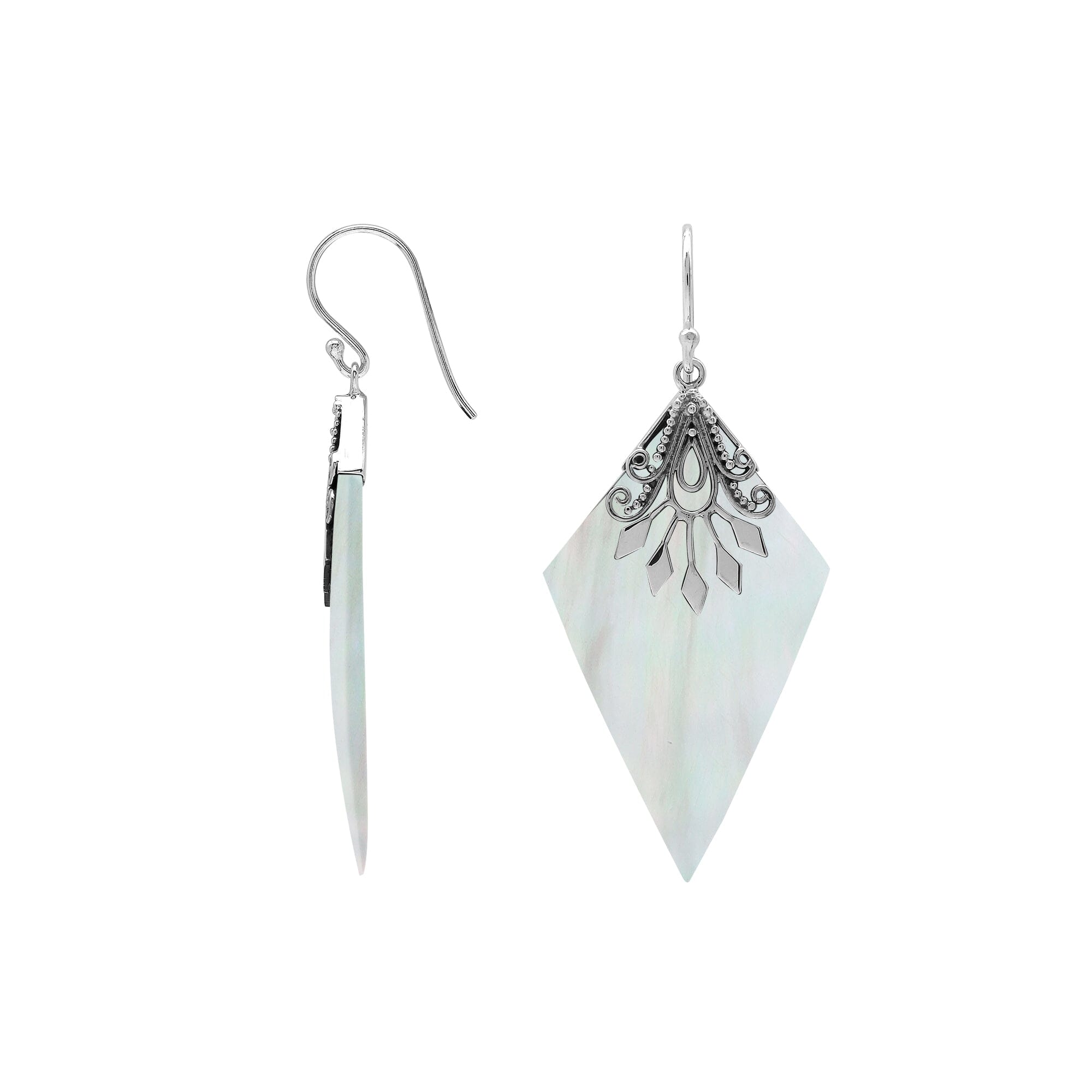 Sterling silver Mother Of Pearl dangle earrings handcrafted in Bali