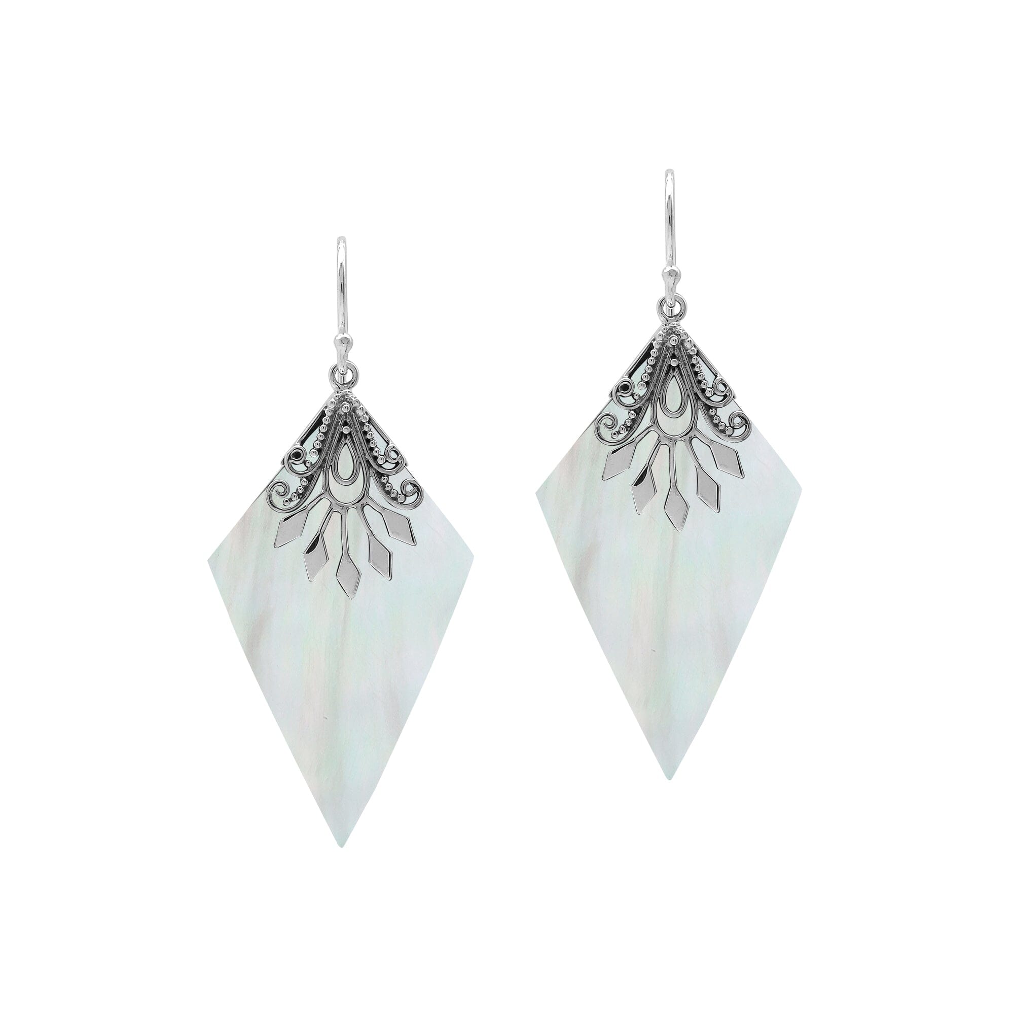 Sterling silver Mother Of Pearl dangle earrings handcrafted in Bali