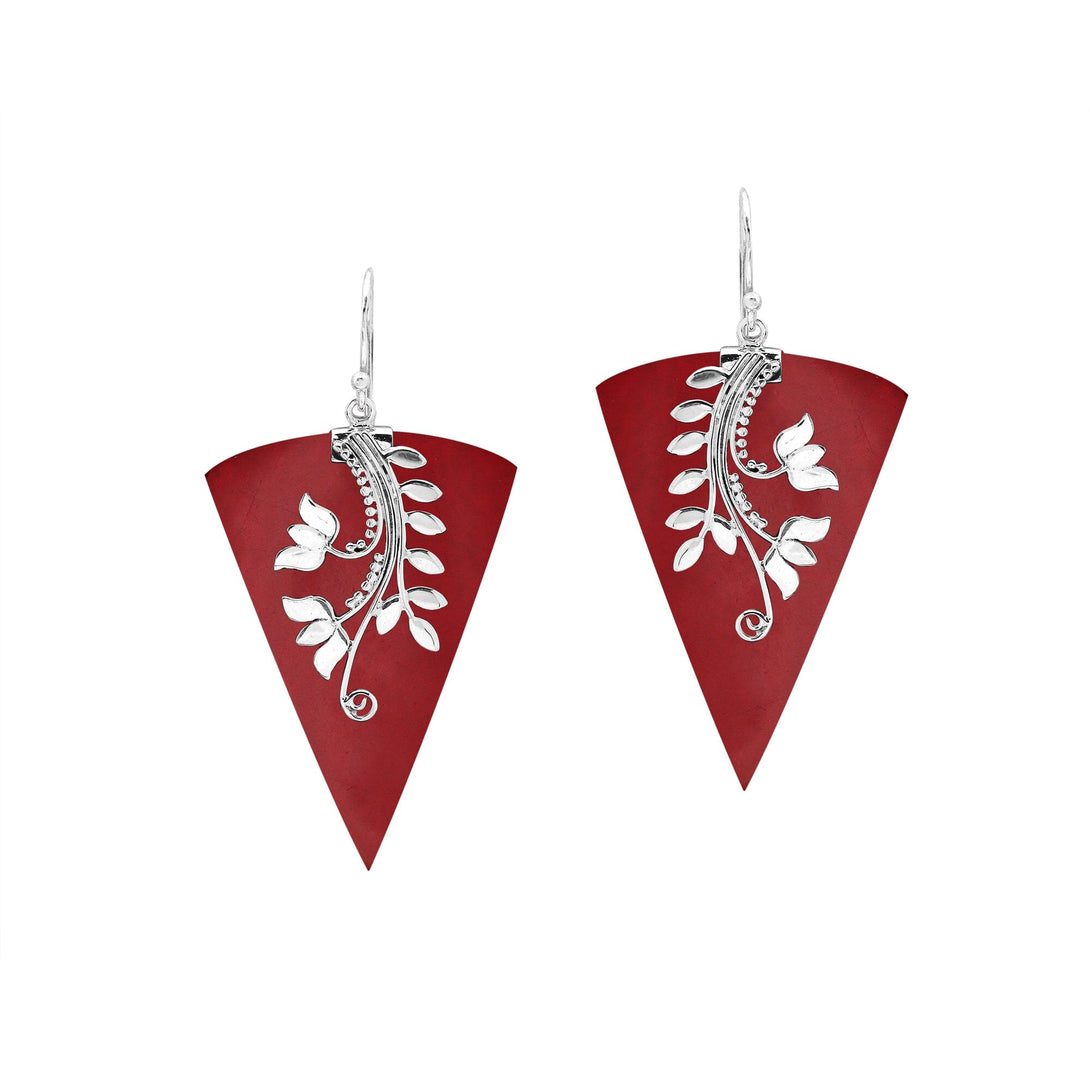 Sterling silver Red Coral dangle earrings handcrafted in Bali