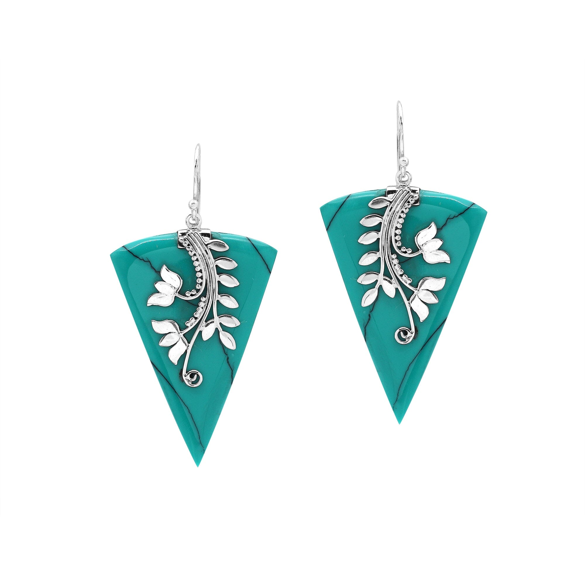 Sterling silver Turquoise Shell dangle earrings with leaf detailing handcrafted in Bali