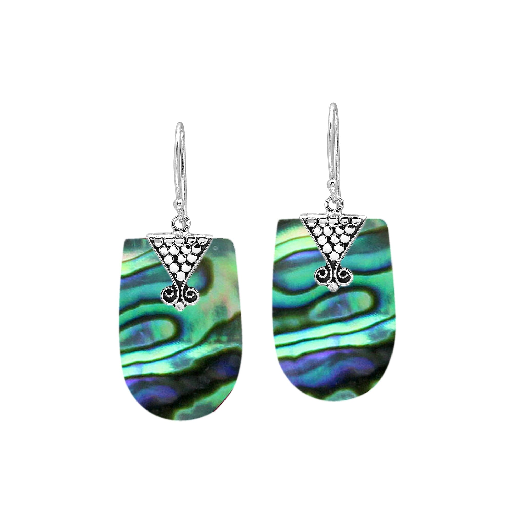 Sterling silver Abalone Shell dangle earrings with detailed silverwork handcrafted in Bali