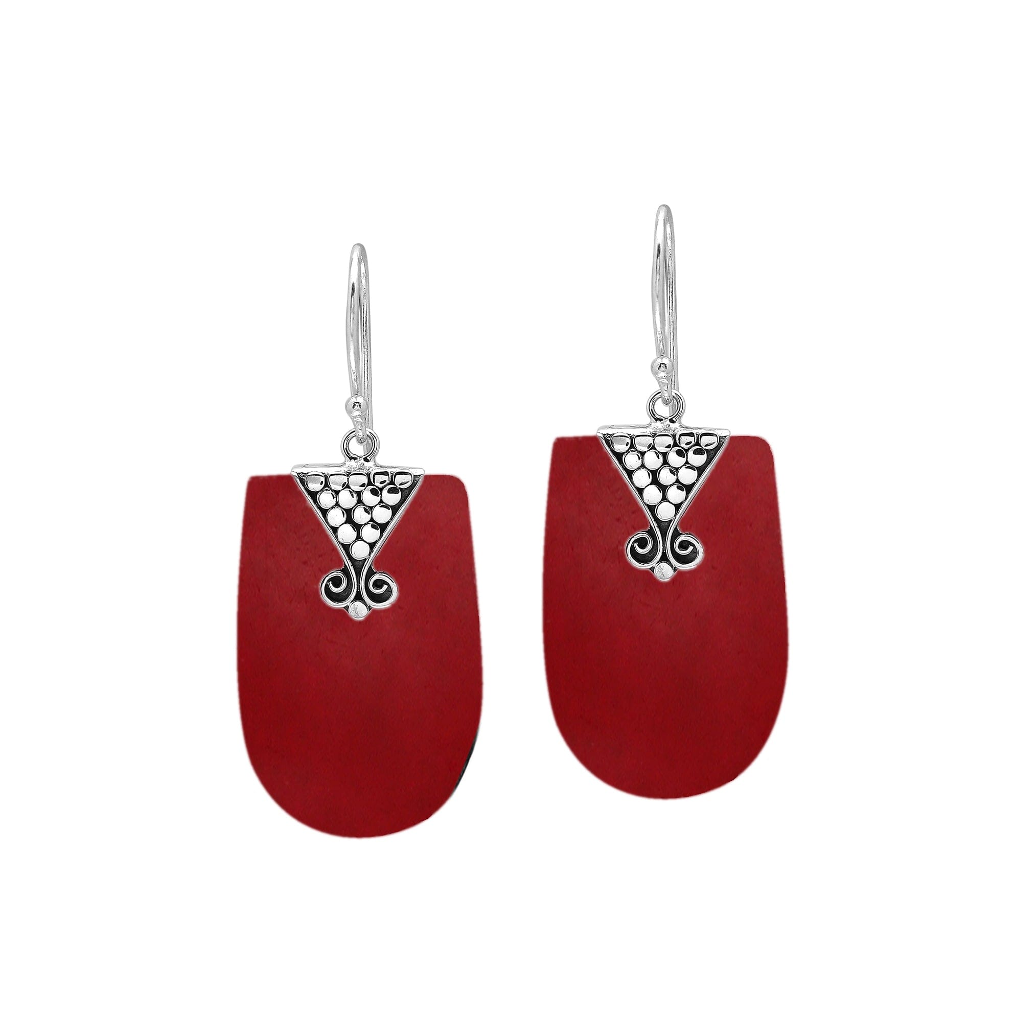 Sterling silver Red Coral dangle earrings with decorative silverwork handcrafted in Bali