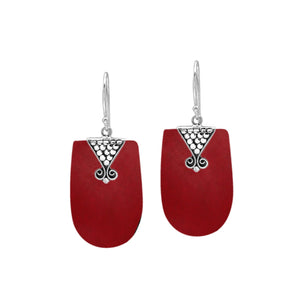 Sterling silver Red Coral dangle earrings with decorative silverwork handcrafted in Bali
