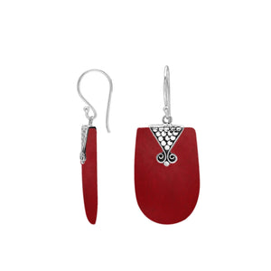 Sterling silver Red Coral dangle earrings with decorative silverwork handcrafted in Bali