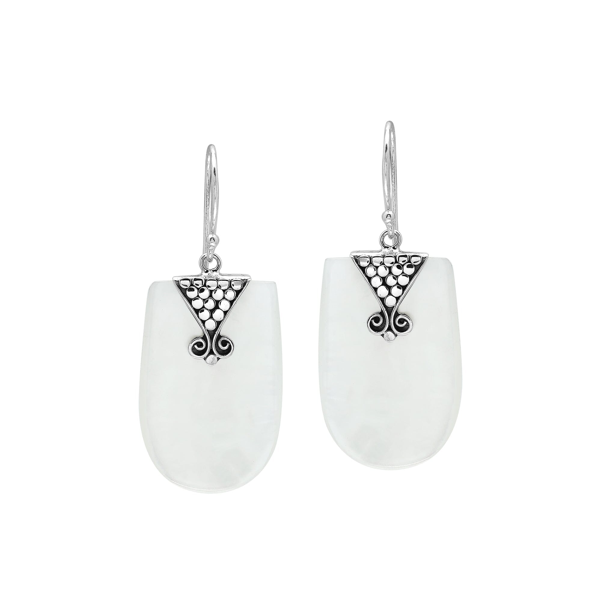 Sterling silver Mother Of Pearl dangle earrings with decorative silverwork handcrafted in Bali