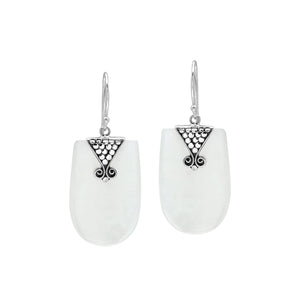 Sterling silver Mother Of Pearl dangle earrings with decorative silverwork handcrafted in Bali