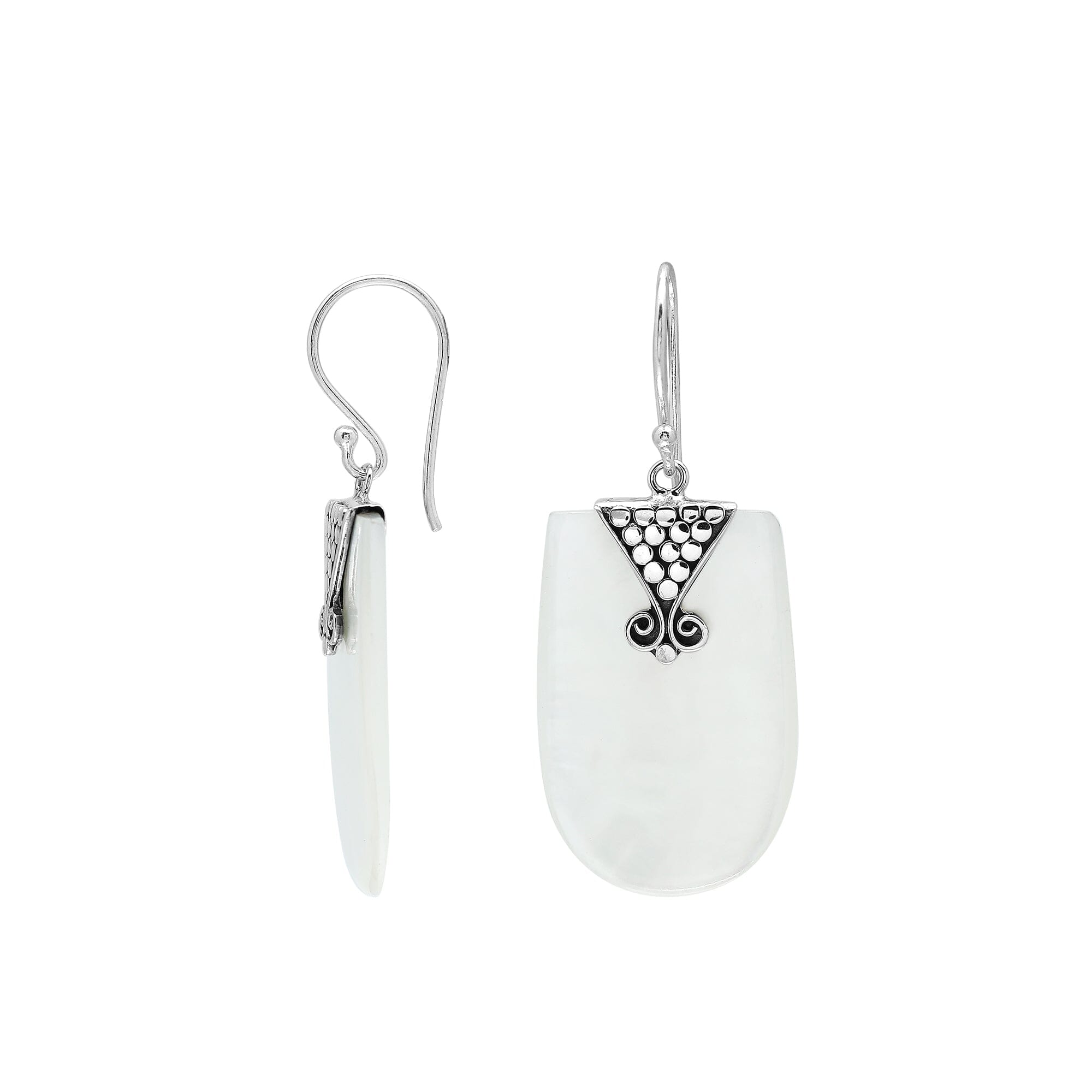 Sterling silver Mother Of Pearl dangle earrings with decorative silverwork handcrafted in Bali