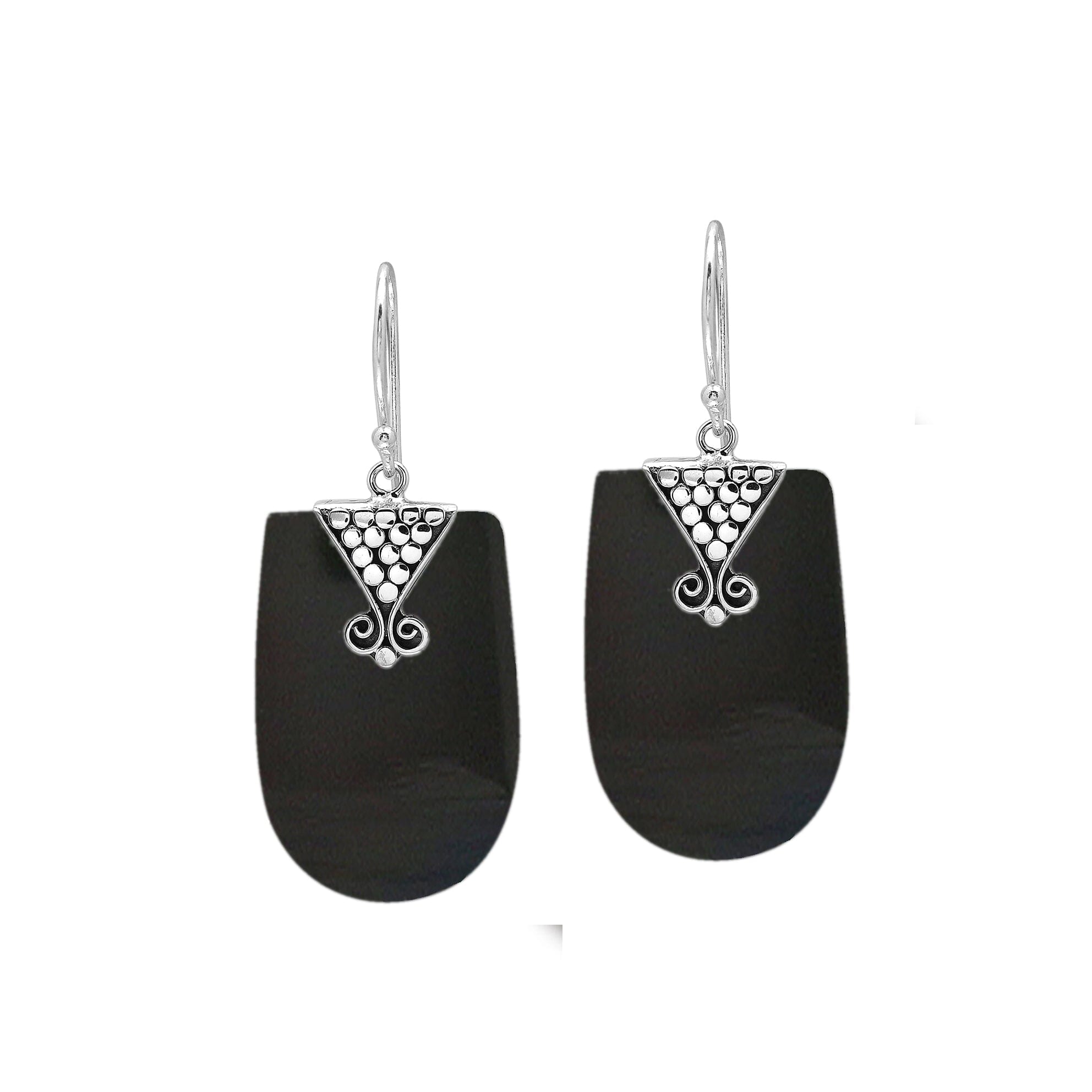 Sterling silver Black Shell dangle earrings with ornate detailing handcrafted in Bali