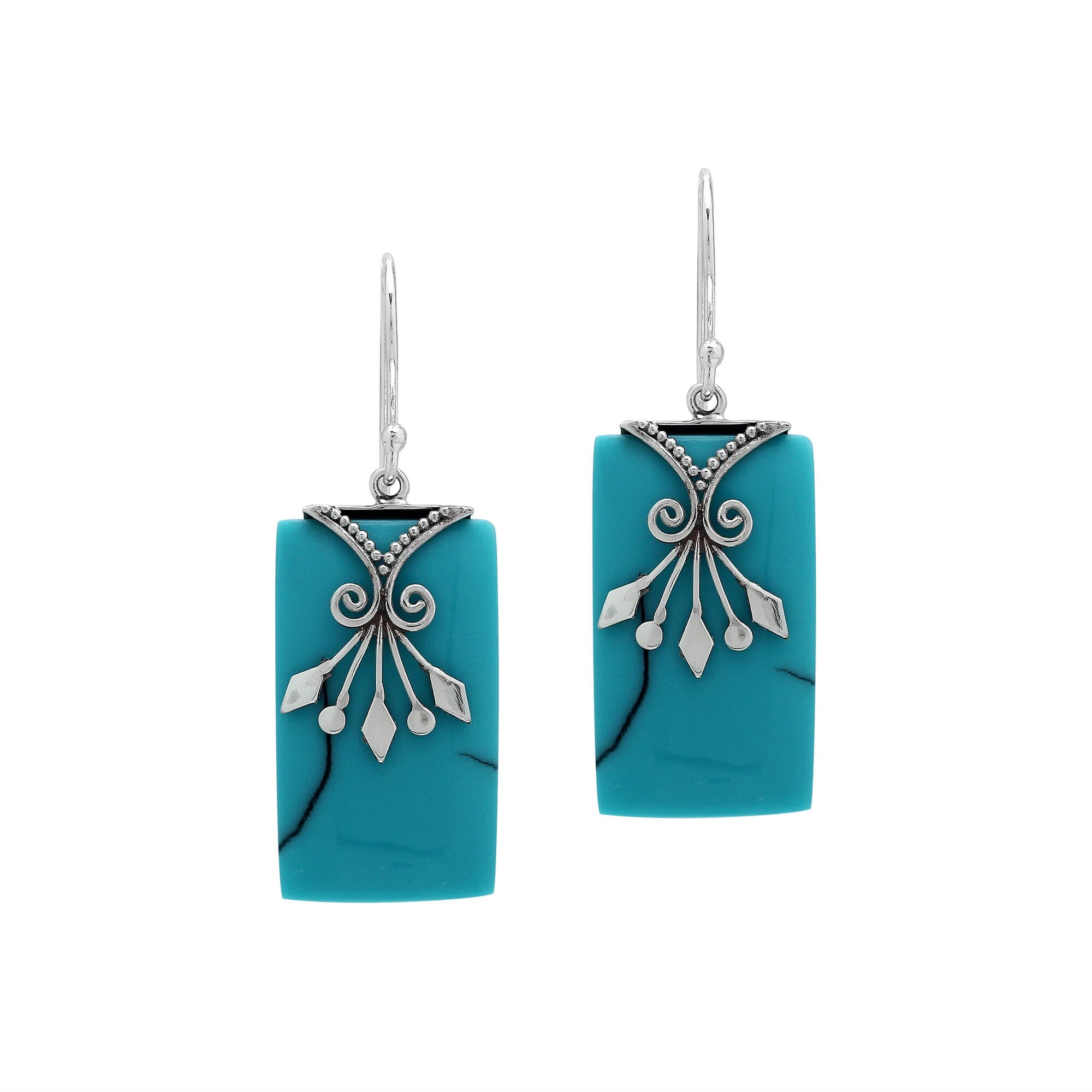 Turquoise Shell rectangular silver earrings with leaf scroll design