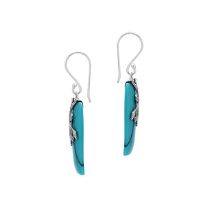 Turquoise Shell rectangular silver earrings with leaf scroll design