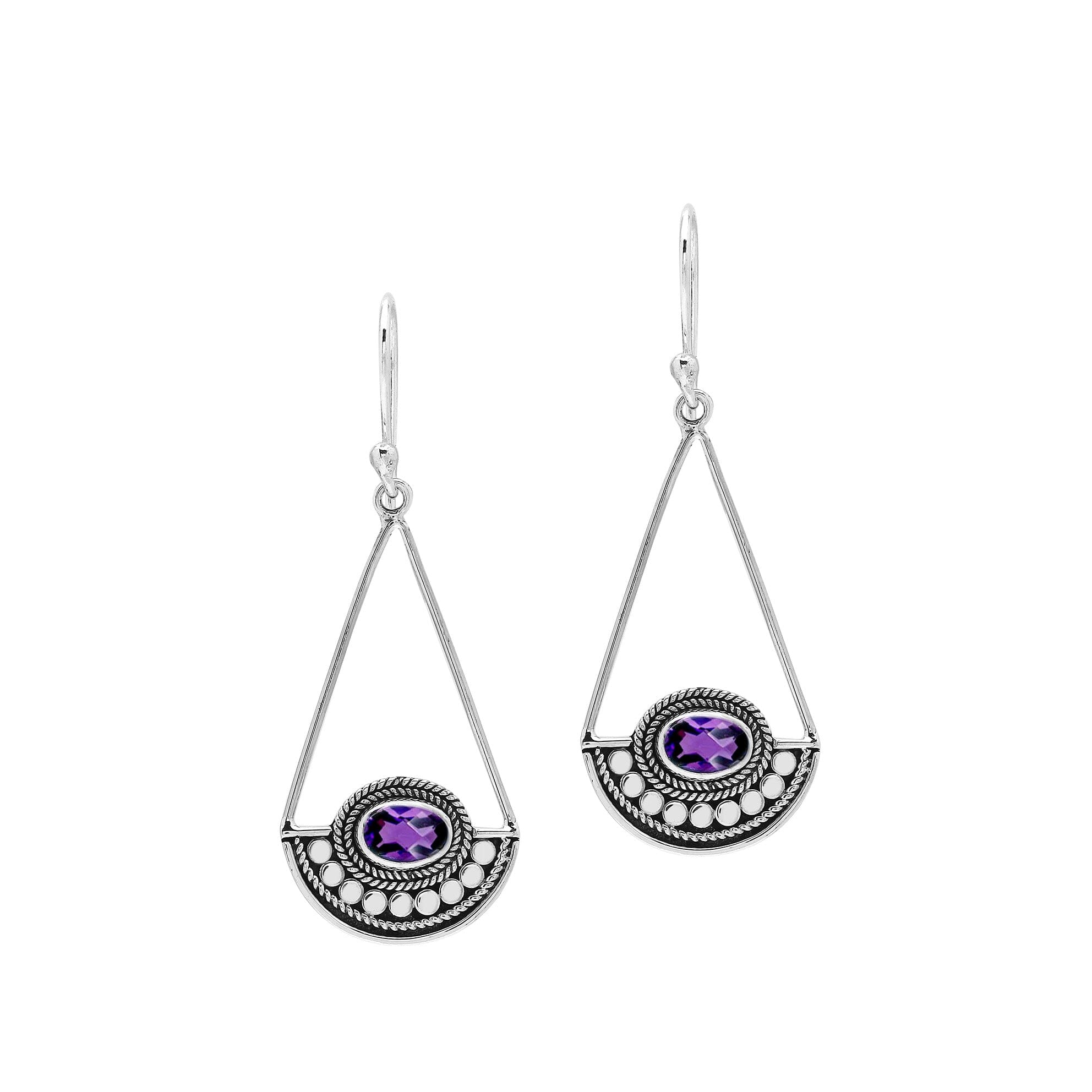 Amethyst Quartz triangle silver earrings with beaded frame design