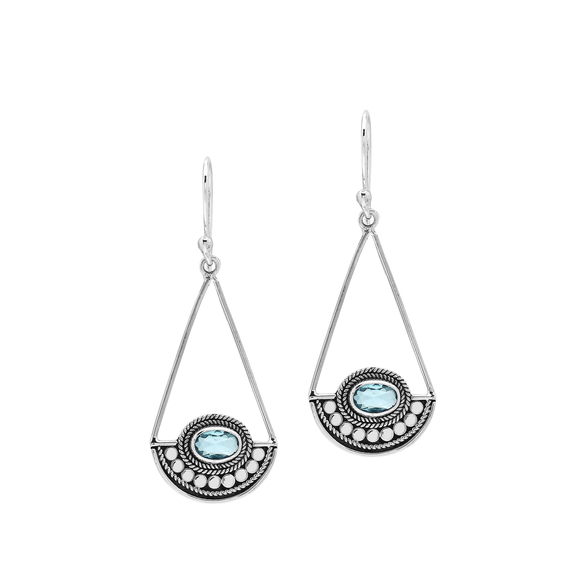 Blue Topaz Quartz triangle silver earrings with beaded frame design