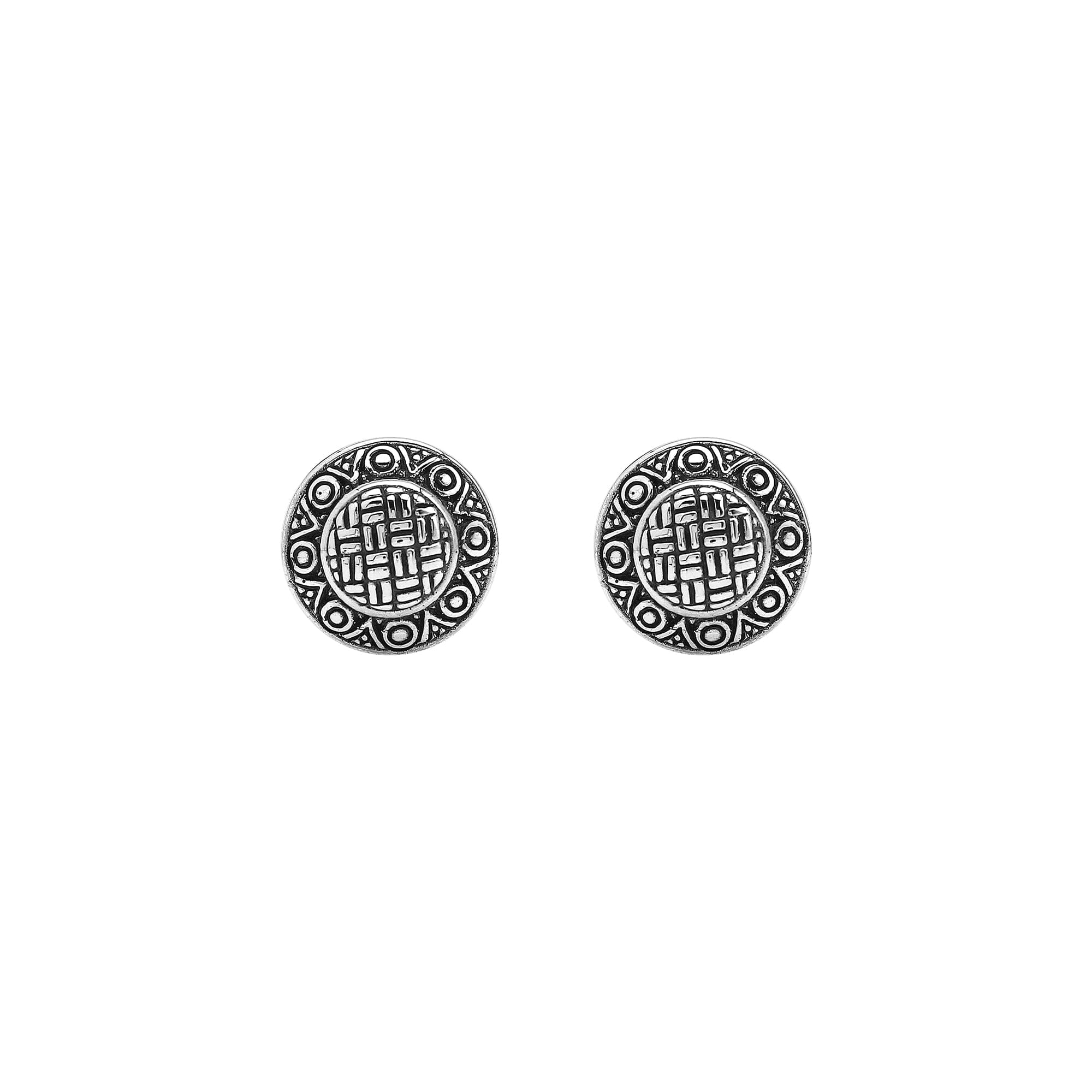 Wholesale sterling silver round patterned earrings with textured metal detailing and omega clip closure.