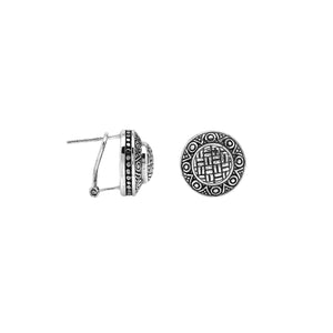 Wholesale sterling silver round patterned earrings with textured metal detailing and omega clip closure.