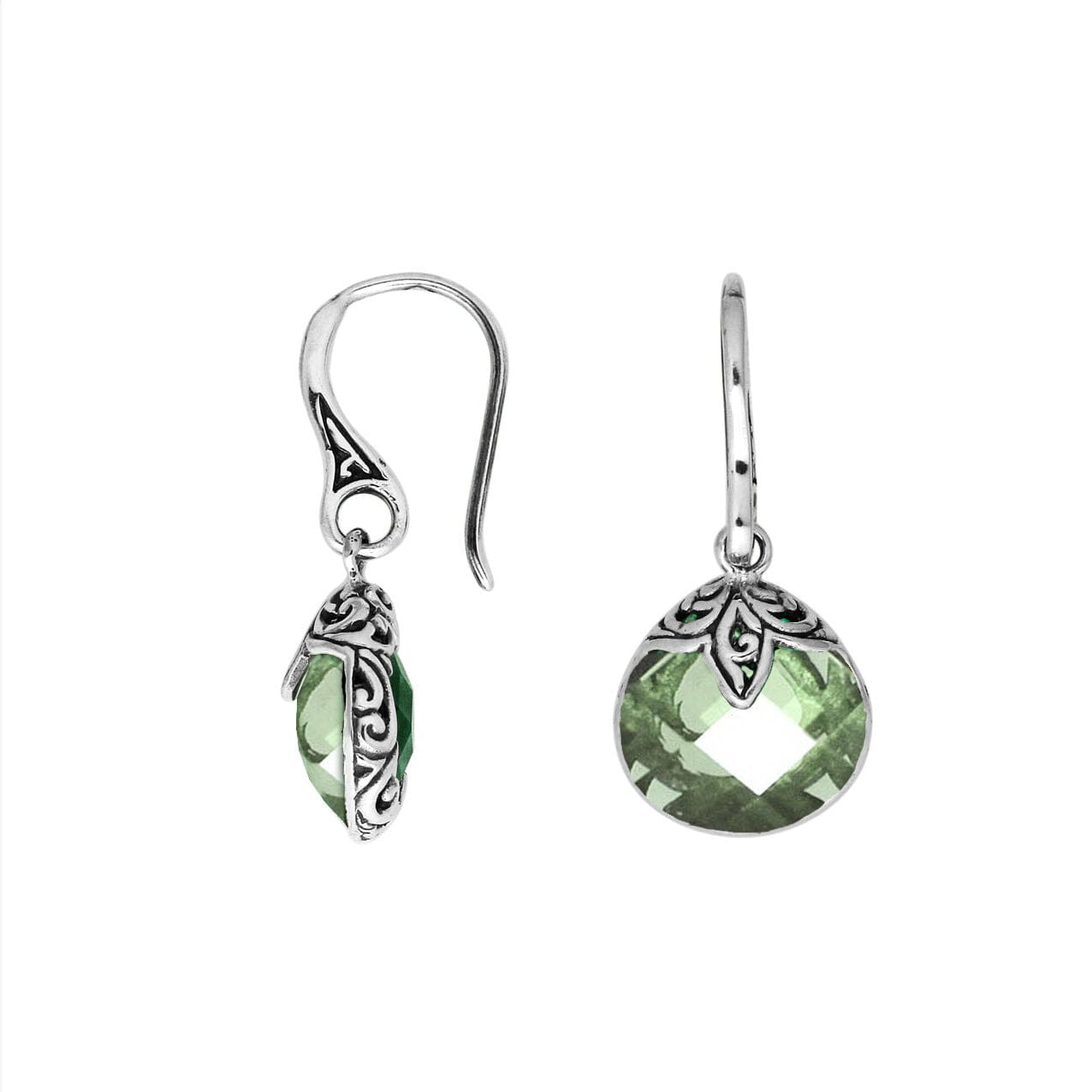 Wholesale sterling silver Green Amethyst Quartz round drop earrings with oxidized pattern and polished finish.