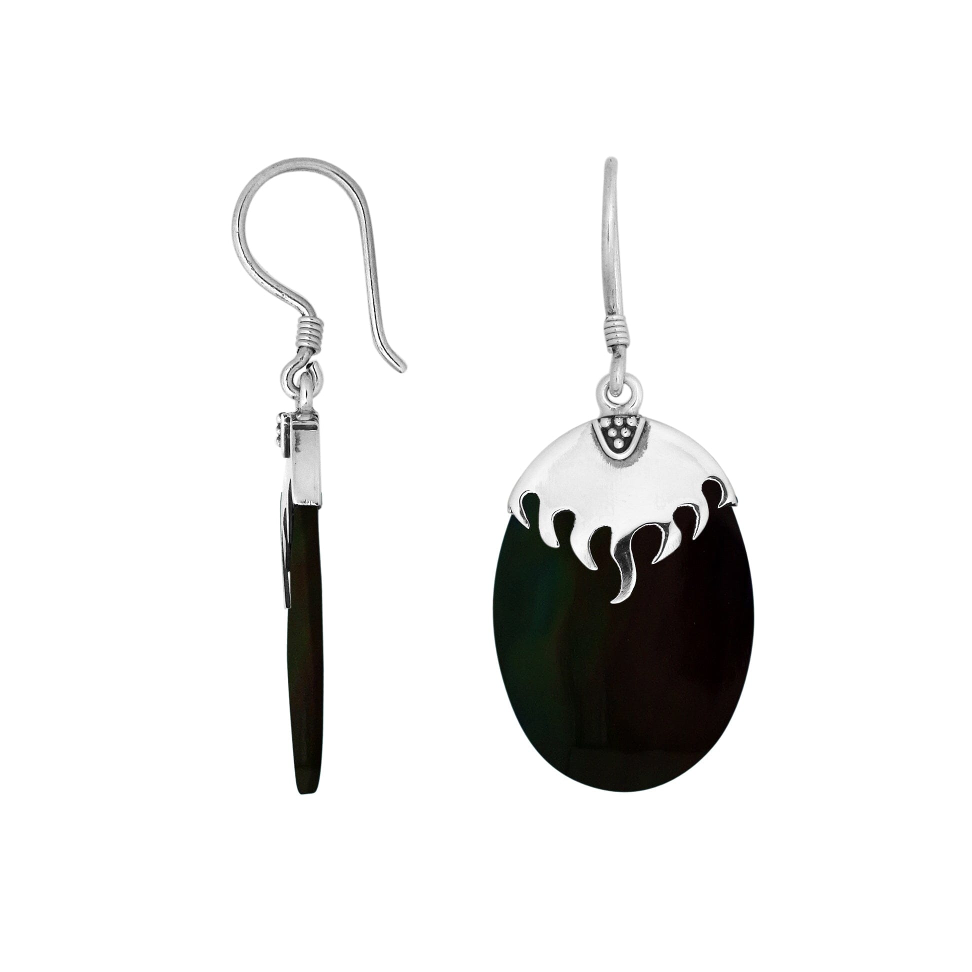 Wholesale sterling silver earrings with Black Shell ovals and a smooth structured silver cap.