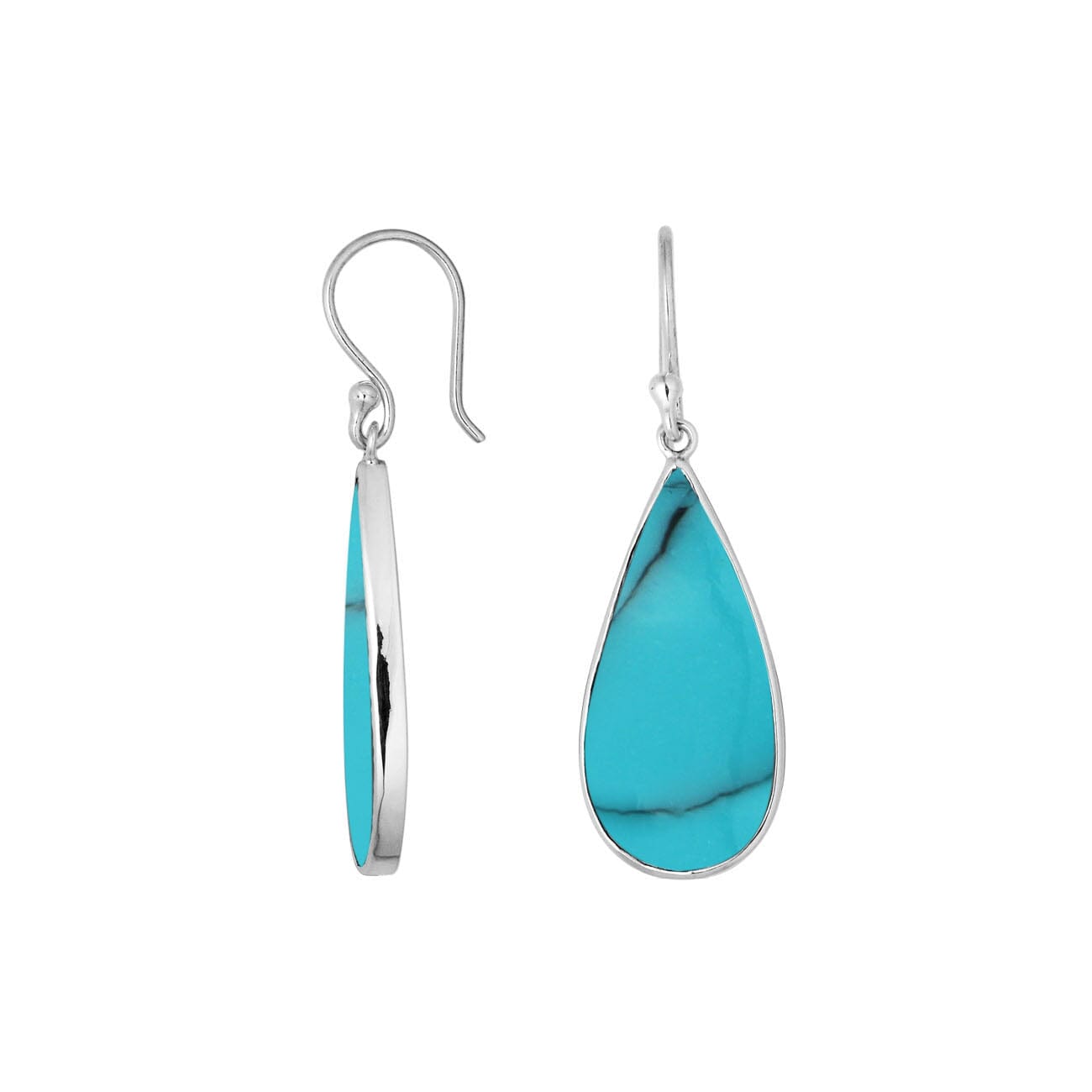 Wholesale sterling silver earrings with Turquoise Shell teardrops set in polished bezel frames.