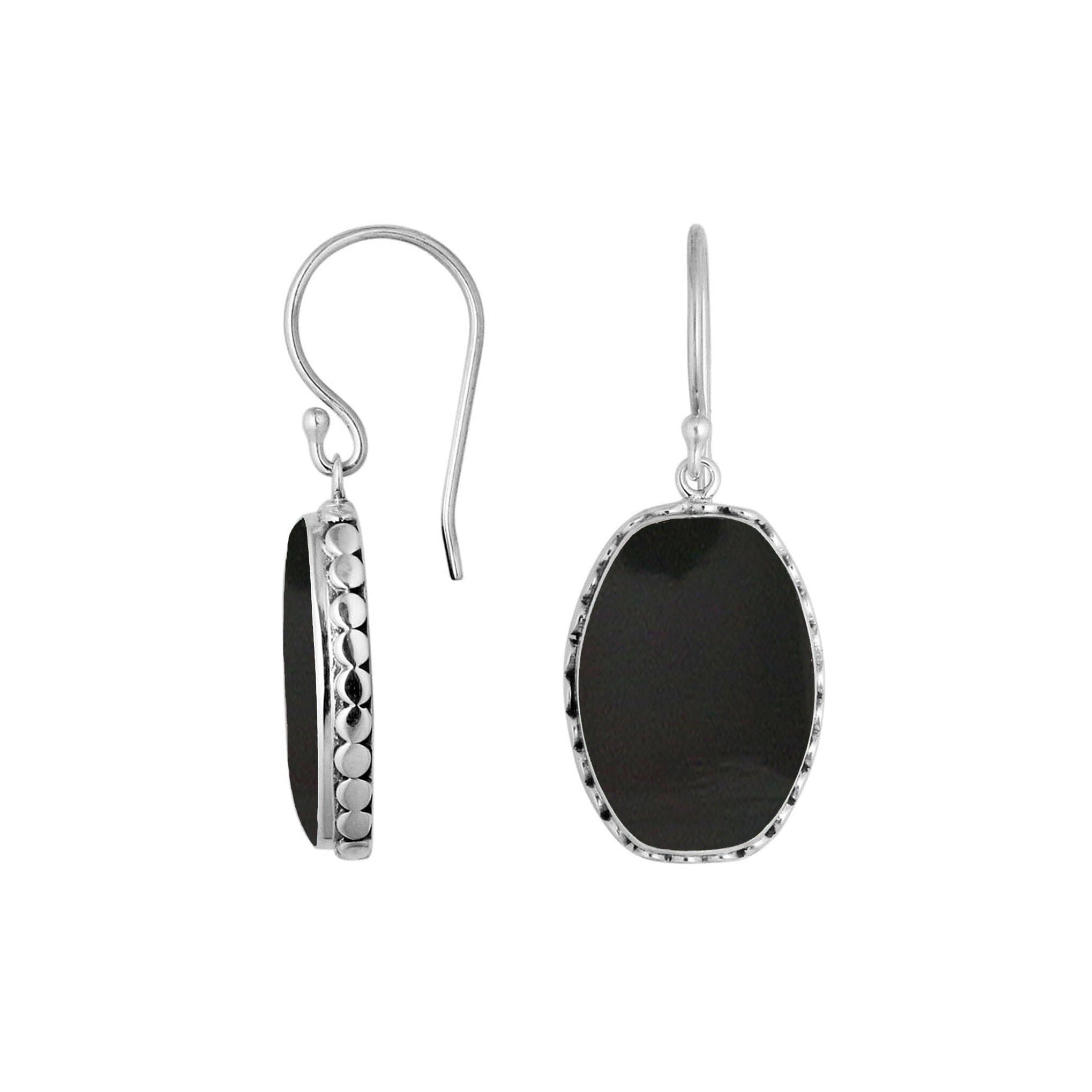 Wholesale Sterling Silver Black Shell Earrings With Hammered Edge And Bezel Finish
