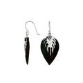 Wholesale silver leaf earrings with deep Black Shell and polished textured detailing.