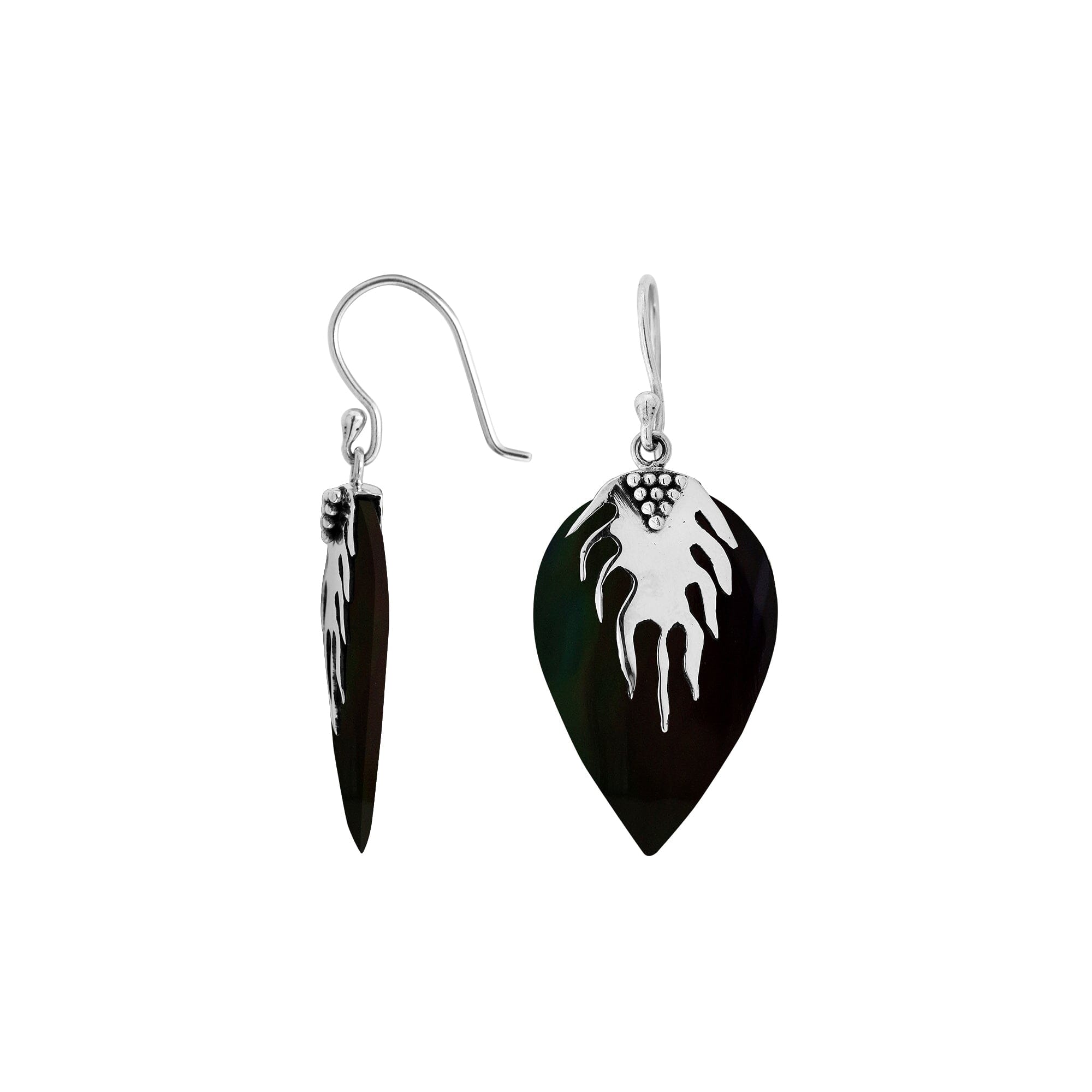 Wholesale silver leaf earrings with deep Black Shell and polished textured detailing.
