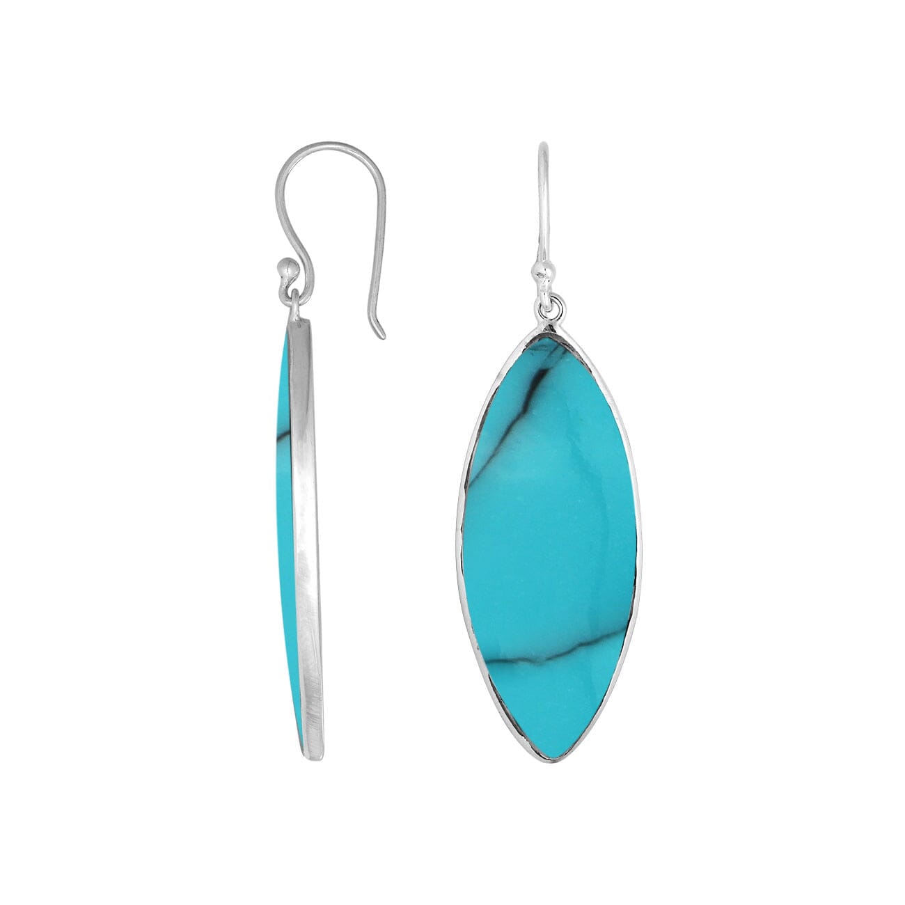 Wholesale sterling silver marquise earrings featuring bright Turquoise Shell with a polished smooth-edge finish.