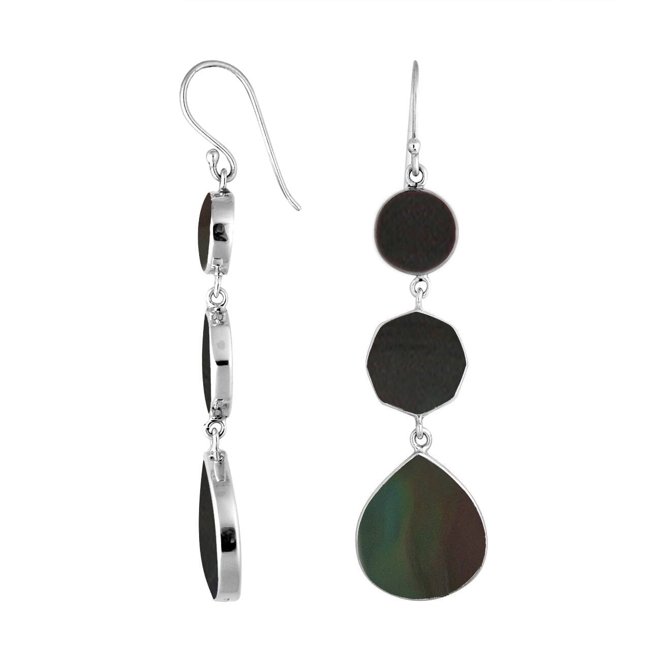 Sterling Silver Black Shell multi shape earrings with Earwire and mirror-polished finish for wholesale jewelry collections.