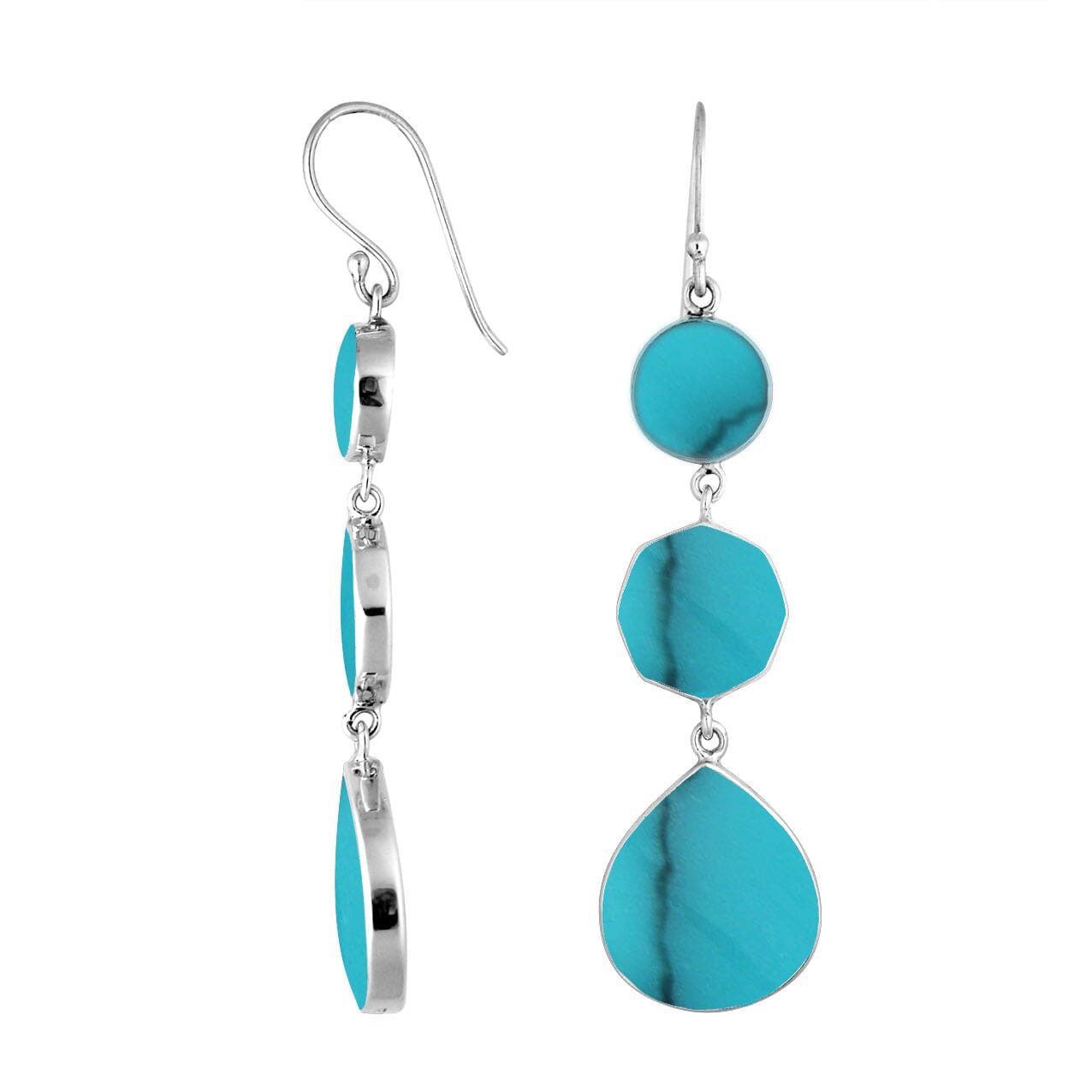 Sterling Silver Turquoise Shell multi shape earrings with Earwire and polished mirror finish for wholesale jewelry collections.