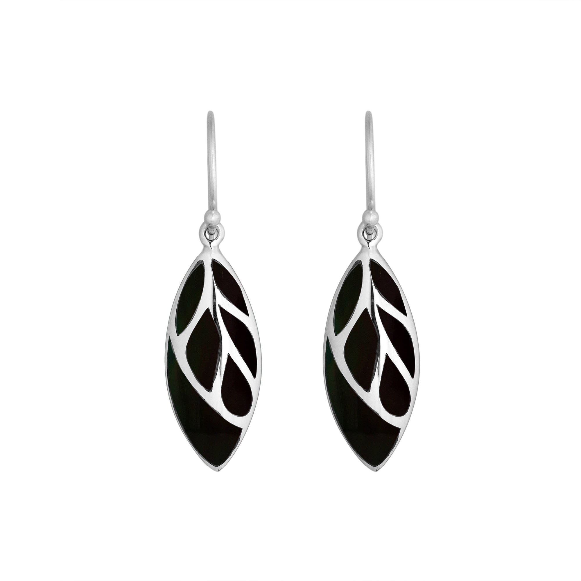 Sterling Silver Black Shell leaf earrings with Earwire and polished silver detailing for wholesale jewelry collections.