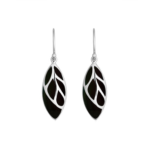 Sterling Silver Black Shell leaf earrings with Earwire and polished silver detailing for wholesale jewelry collections.