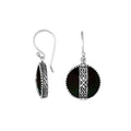 Sterling silver Black Shell earrings with round design and floral silver center strip for wholesale collection.