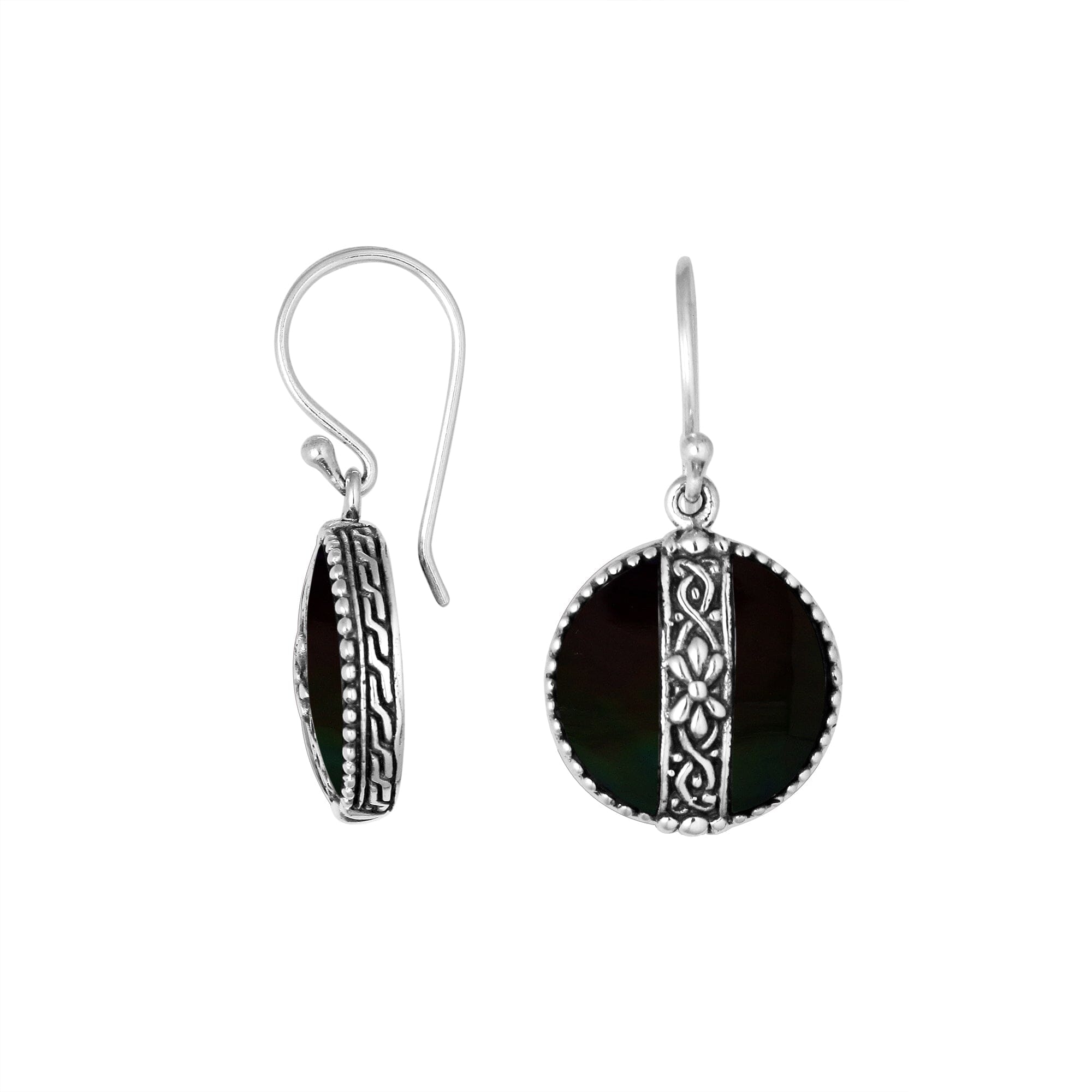 Sterling silver Black Shell earrings with round design and floral silver center strip for wholesale collection.