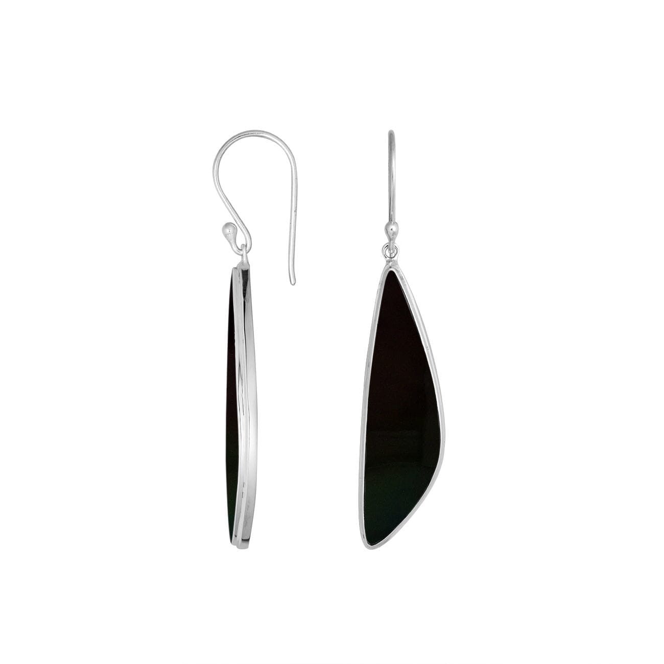 Sterling Silver Black Shell Asymmetric Long Panel Earrings With Polished Finish