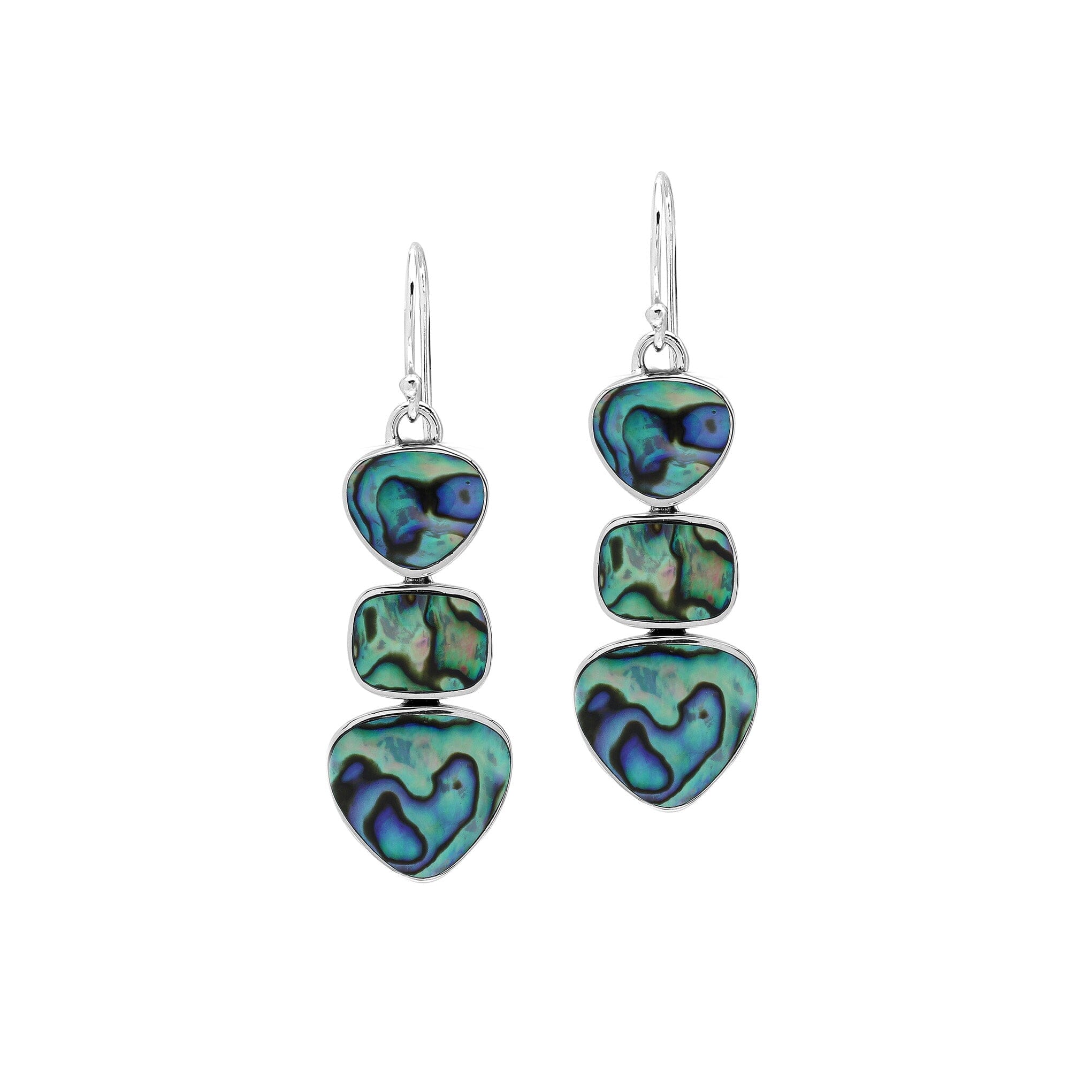 Sterling Silver Triple-Drop Heart And Square Dangle Earrings Featuring Vibrant Abalone Shell With Polished Finish