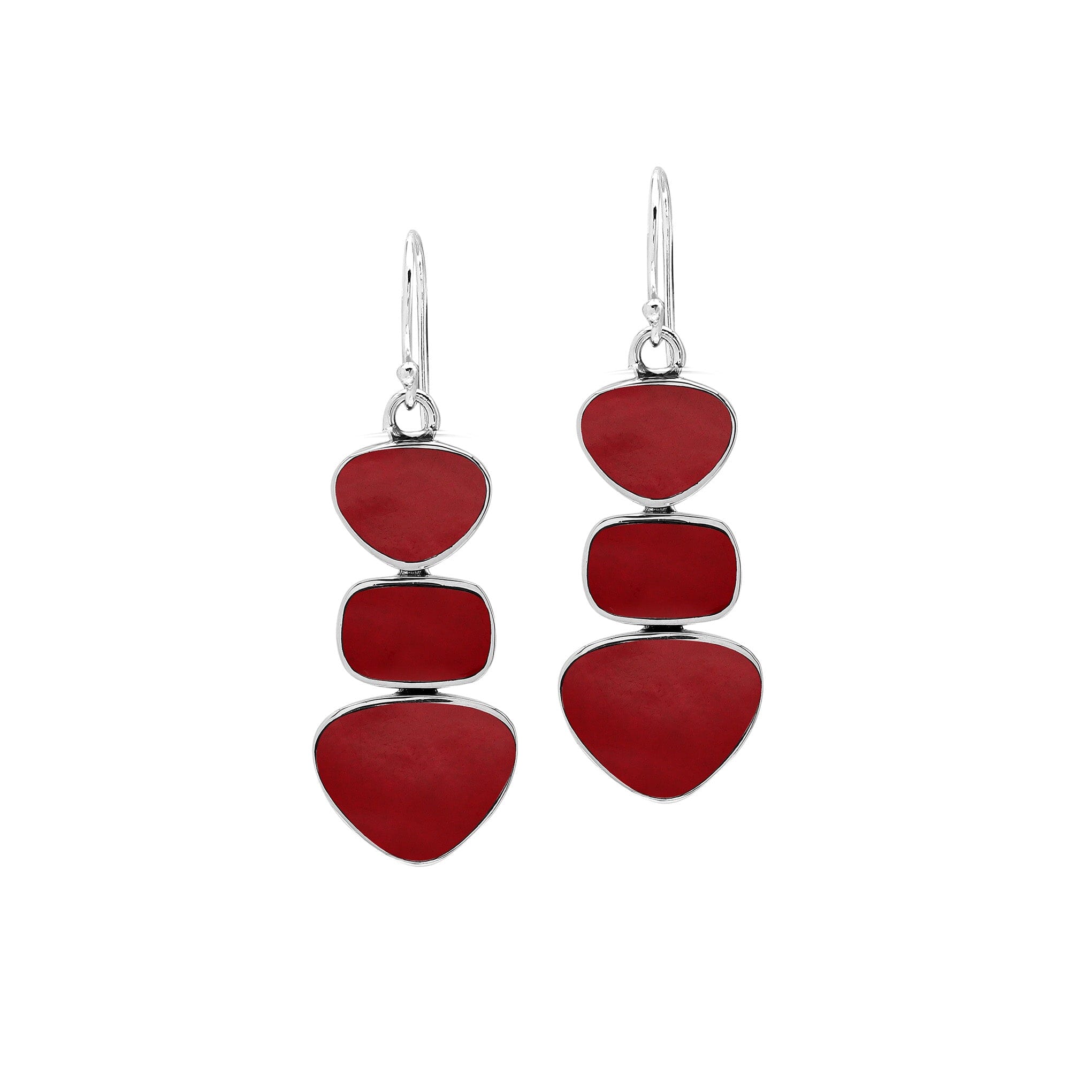Sterling Silver Triple-Drop Heart And Square Dangle Earrings Featuring Red Coral With Sleek Polished Finish