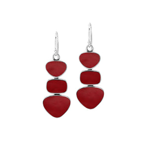 Sterling Silver Triple-Drop Heart And Square Dangle Earrings Featuring Red Coral With Sleek Polished Finish