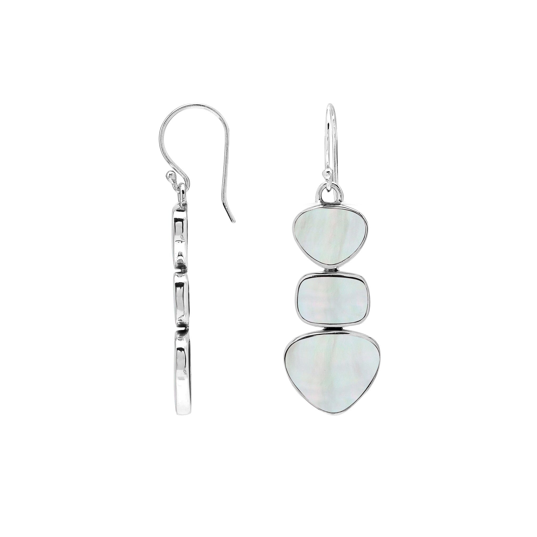 Sterling Silver Triple-Drop Heart And Square Dangle Earrings Featuring Mother Of Pearl With Polished Finish And Soft Iridescence
