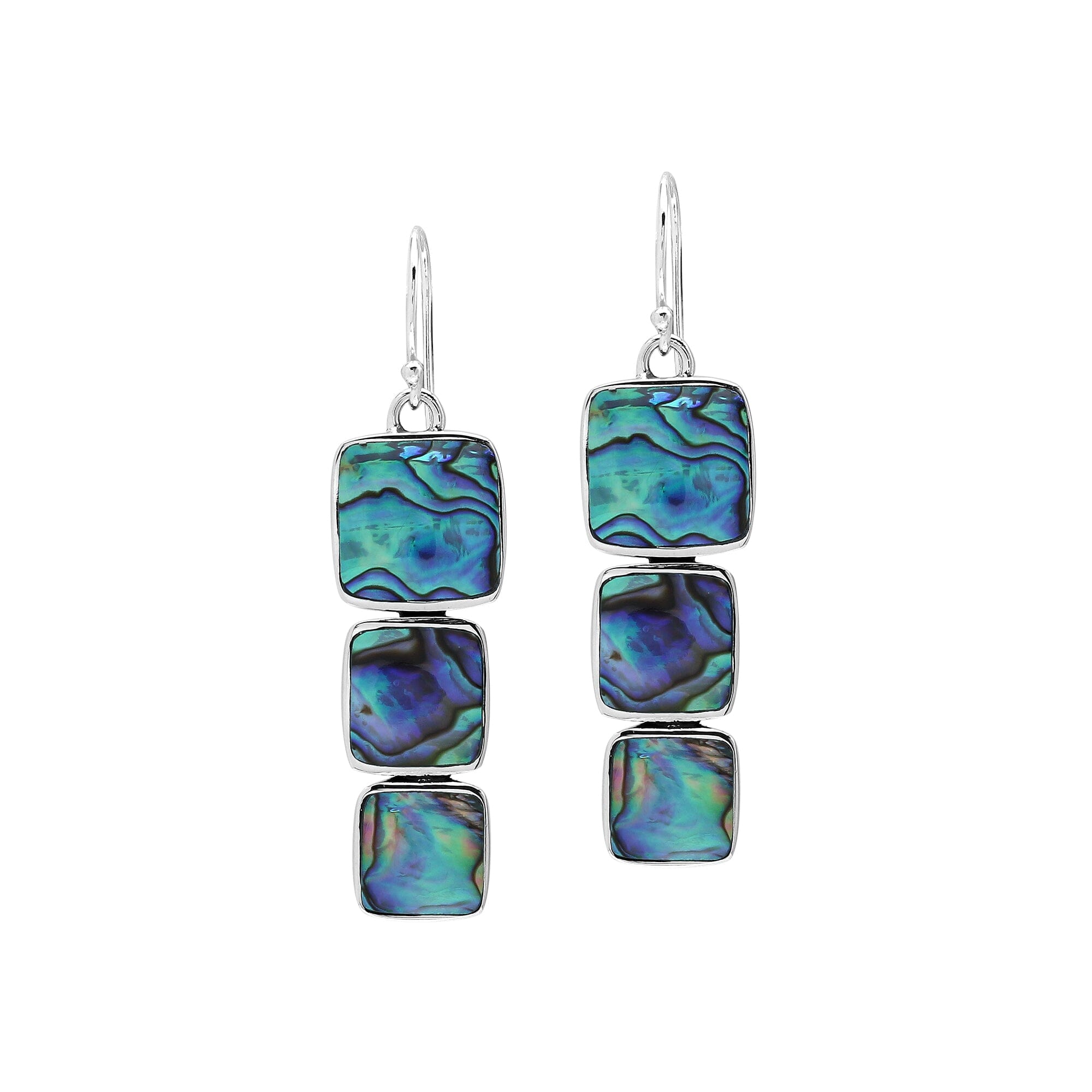 Wholesale Sterling Silver Earrings With Three Cushion Abalone Shell Panels In A Vertical Drop