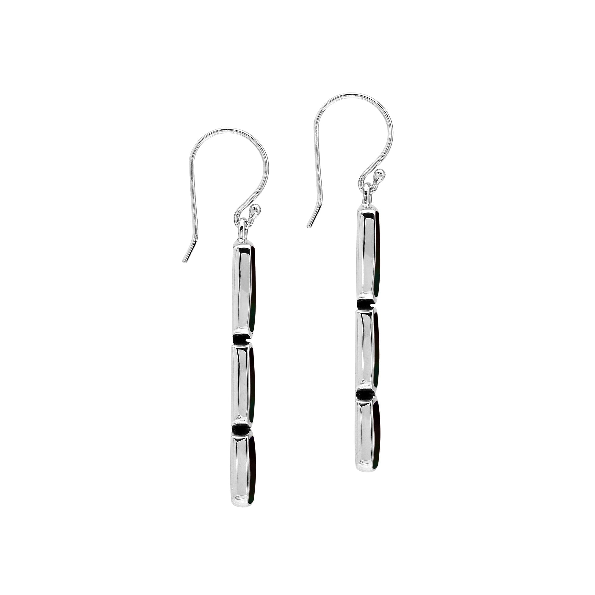 Wholesale Sterling Silver Earrings With Three Cushion Black Shell Panels In A Vertical Drop