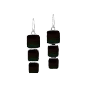 Wholesale Sterling Silver Earrings With Three Cushion Black Shell Panels In A Vertical Drop