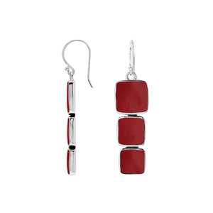 Wholesale Sterling Silver Earrings With Three Cushion Red Coral Panels In A Vertical Drop