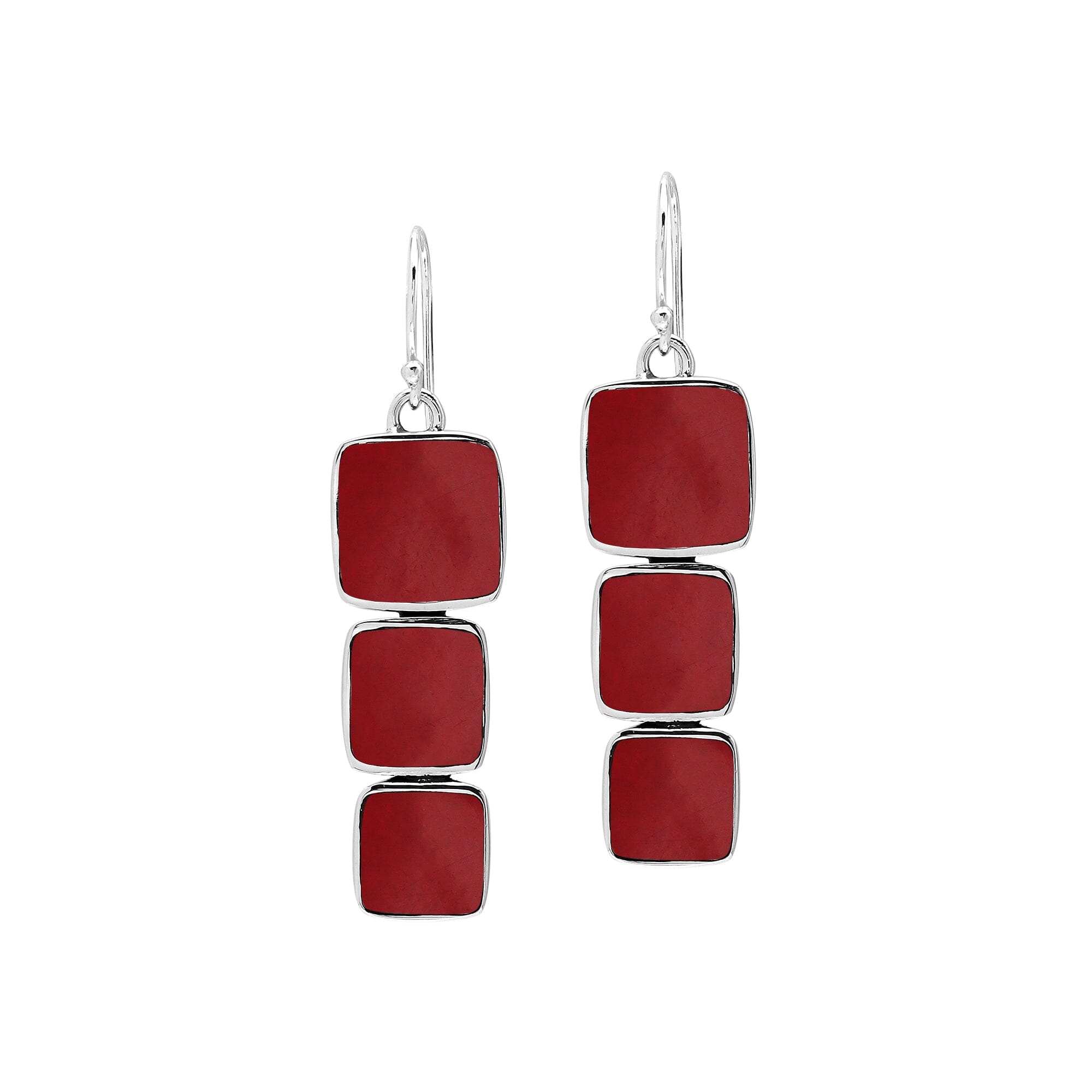 Wholesale Sterling Silver Earrings With Three Cushion Red Coral Panels In A Vertical Drop