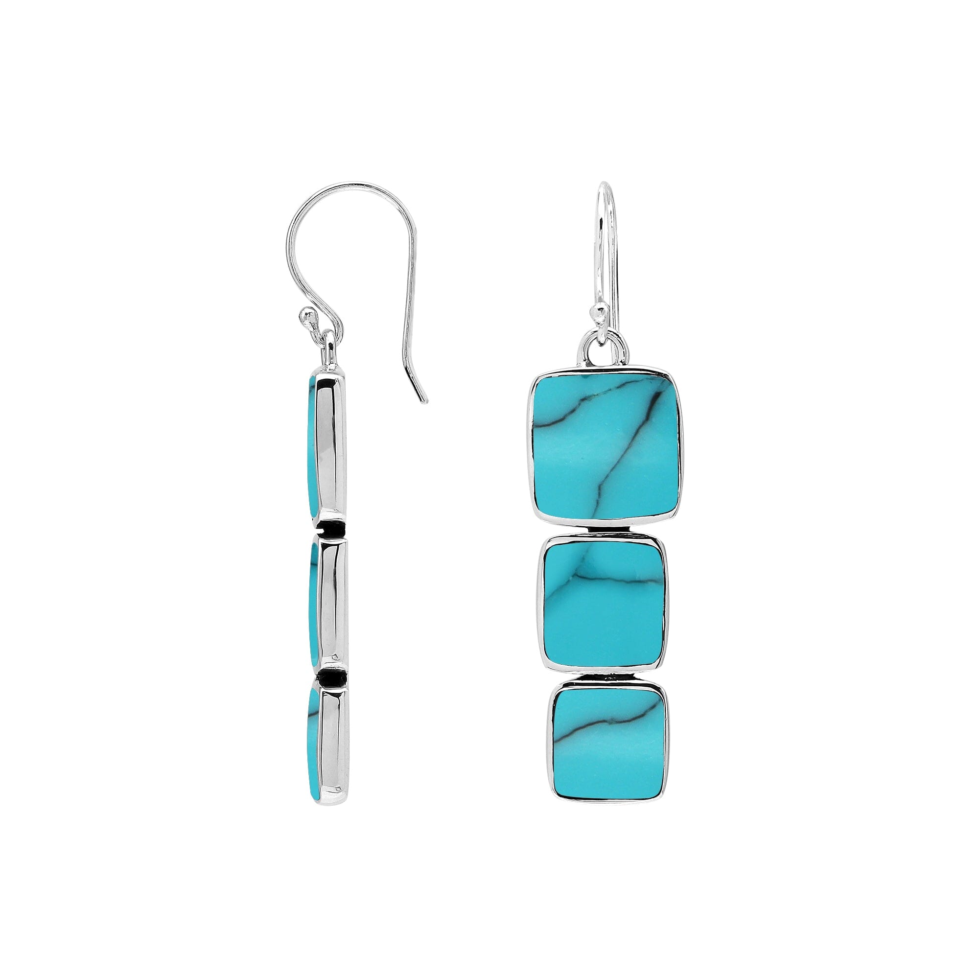 Wholesale Sterling Silver Earrings With Three Cushion Turquoise Shell Panels In A Vertical Drop