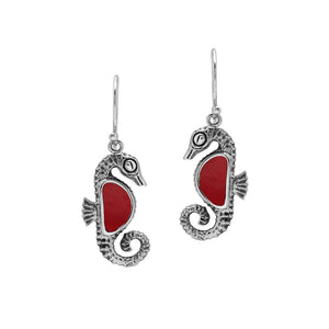 Wholesale Sterling Silver Seahorse Earrings With Red Coral Inlay