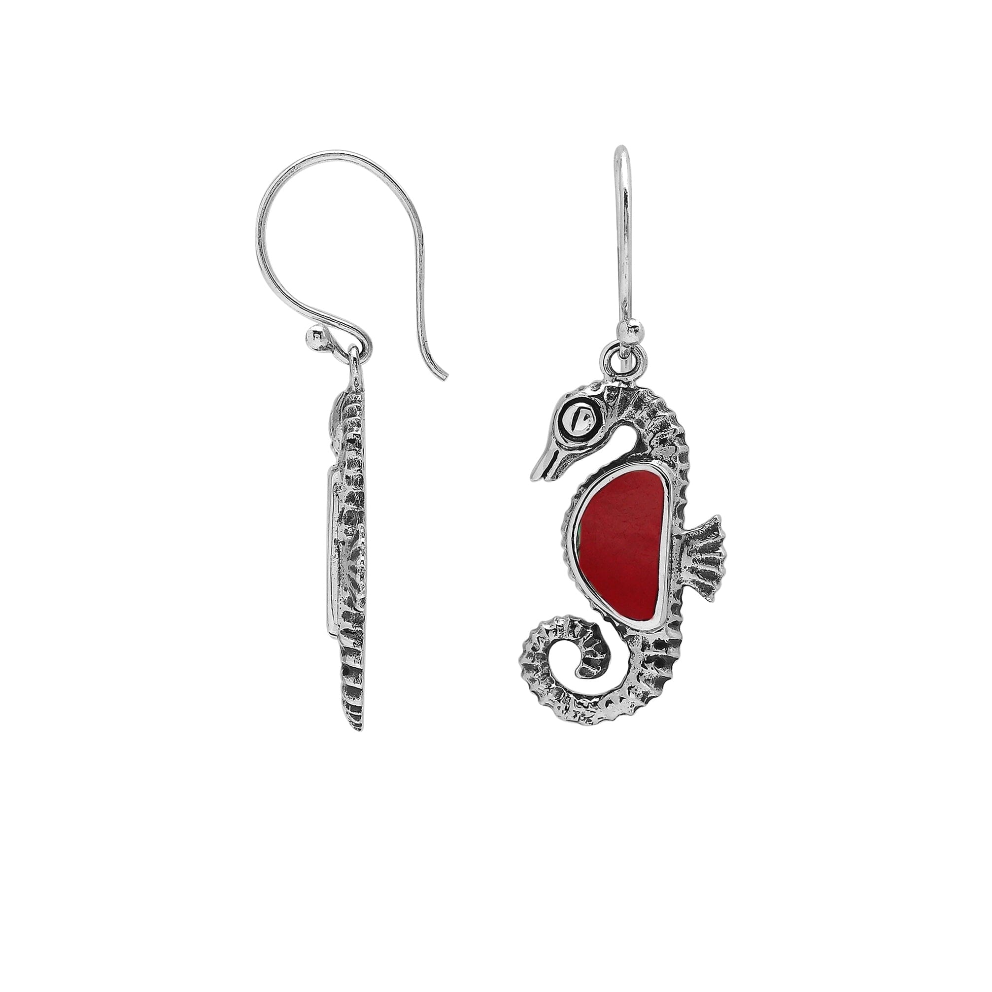 Wholesale Sterling Silver Seahorse Earrings With Red Coral Inlay