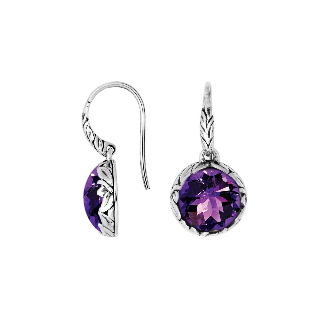 Sterling silver round drop earrings with Amethyst Quartz and ornate oxidized silver detailing for wholesale collections.