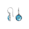 Sterling silver round drop earrings with Blue Topaz Quartz and ornate oxidized silver detailing for wholesale collections.