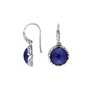 Sterling silver round drop earrings with Sapphire and ornate oxidized silver detailing for wholesale collections.