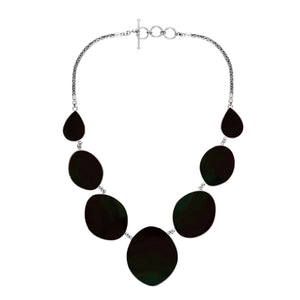 Sterling silver necklace with oval and teardrop black shell links, polished artisan finish.