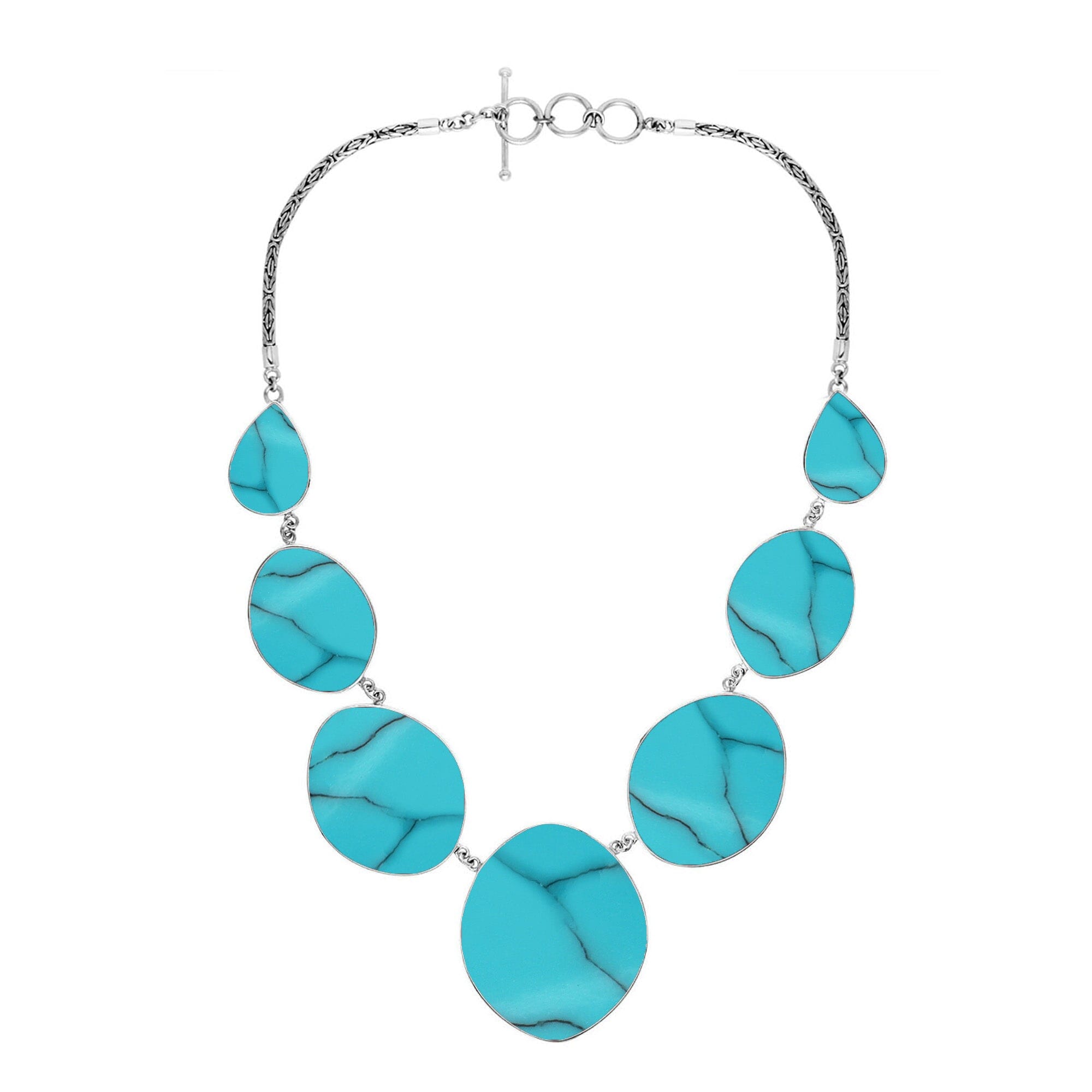 Sterling silver necklace with oval and teardrop turquoise shell links, polished artisan finish.