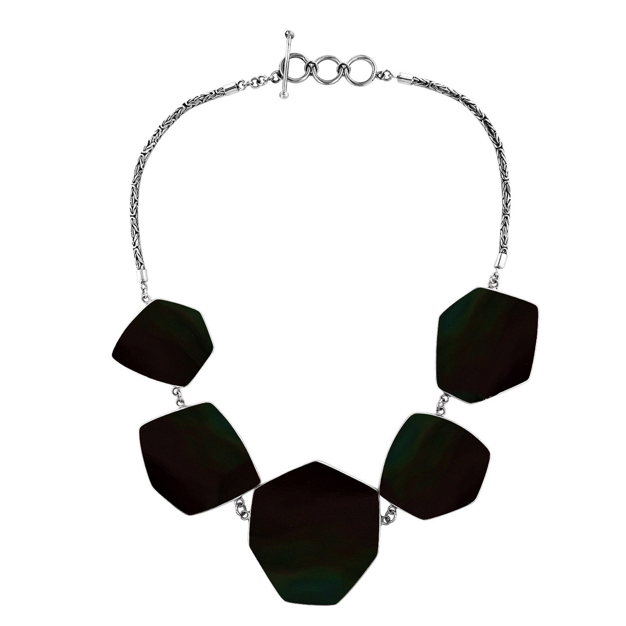 Sterling silver necklace with hexagon black shell links, polished artisan finish.